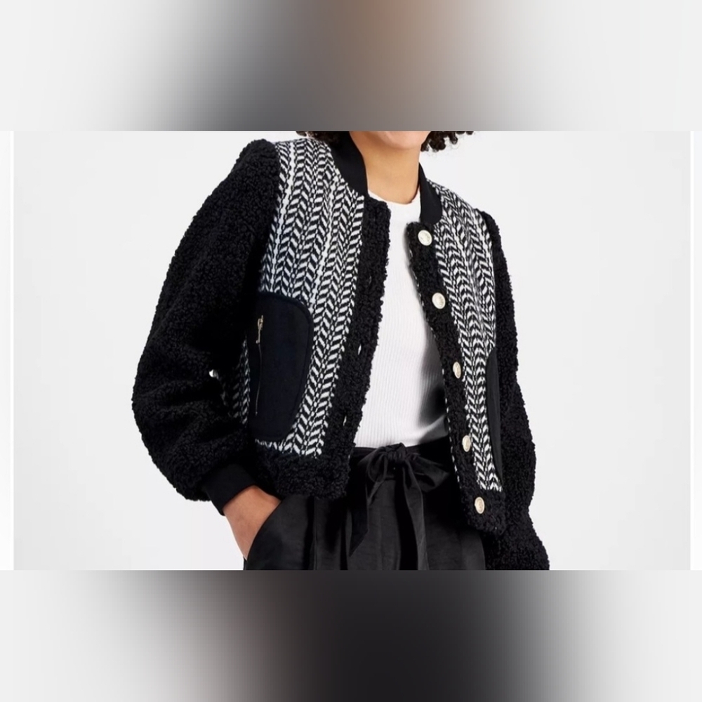 7 Seven For All Mankind Black & White Chevron Teddy Sherpa Coat-Size Medium - Picture 2 of 9